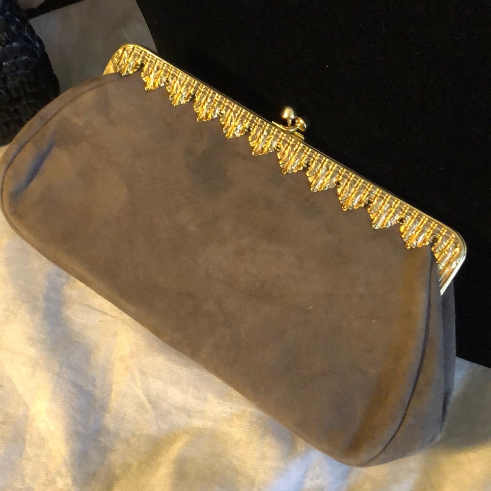 ✨Vintage Madison Creation lined suede, gold tone scroll frame, top clasp clutch